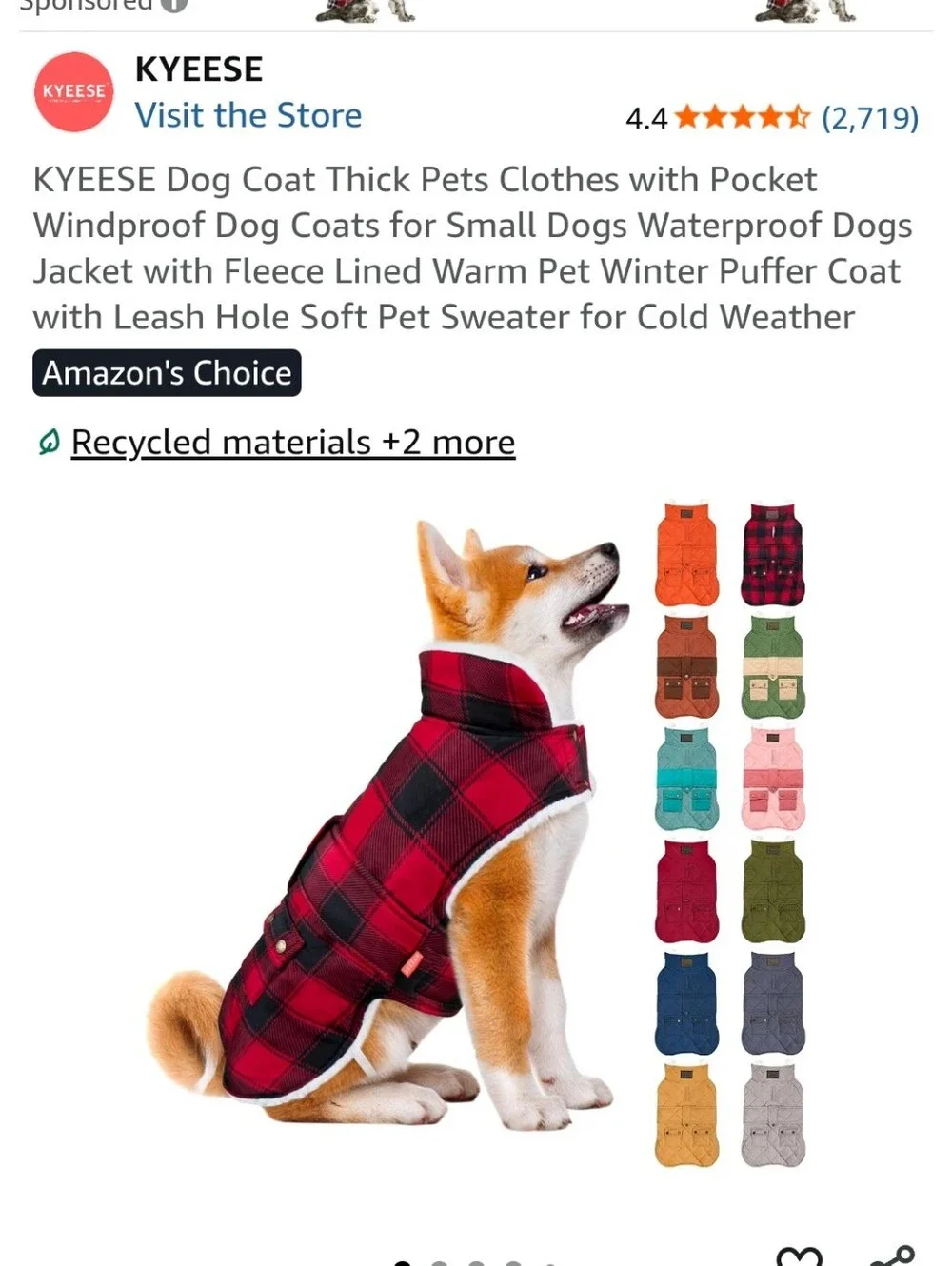 Kyeese Red Plaid Waterproof Dog Coat with Fleece Lining Very Warm New Size Large